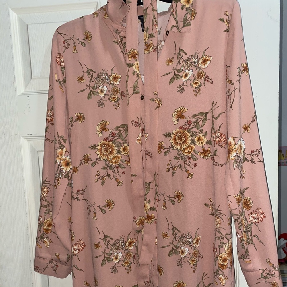 Pink button down shirt with flowers